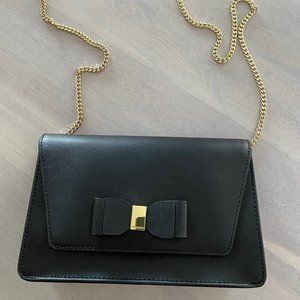 Ted Baker London keeiira bow leather evening bag, small, black with gold chain